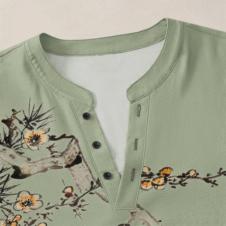Buddha Stones Camisas de manga larga para hombre con cuello en V, estampado de flores amarillas y tinta de algodón. - image 11
