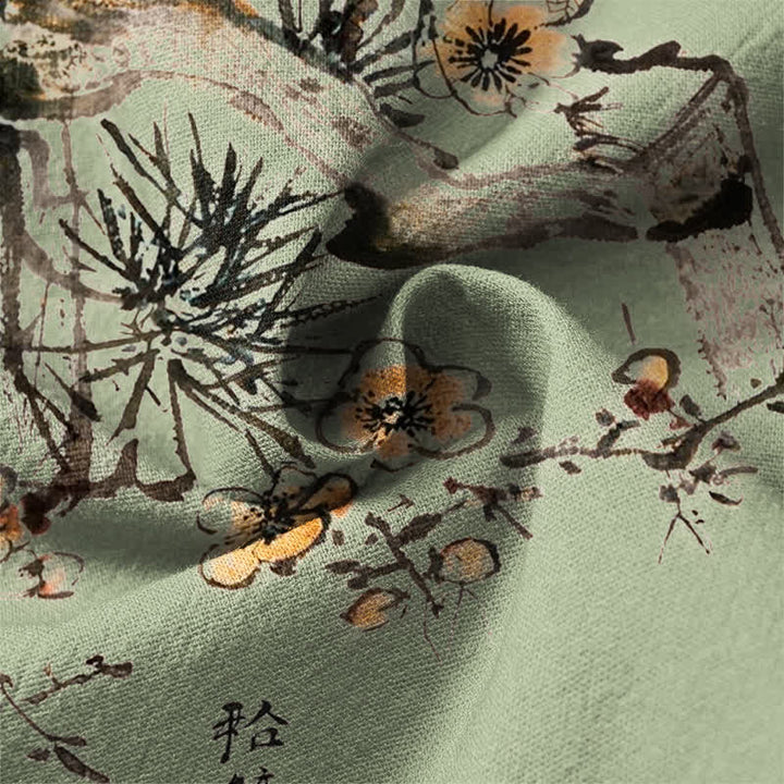 Buddha Stones Camisas de manga larga para hombre con cuello en V, estampado de flores amarillas y tinta de algodón. - image 13