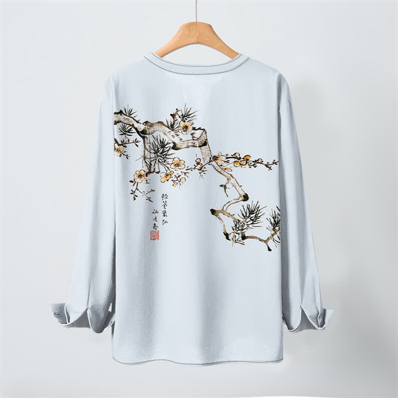 Buddha Stones Camisas de manga larga para hombre con cuello en V, estampado de flores amarillas y tinta de algodón. - image 17
