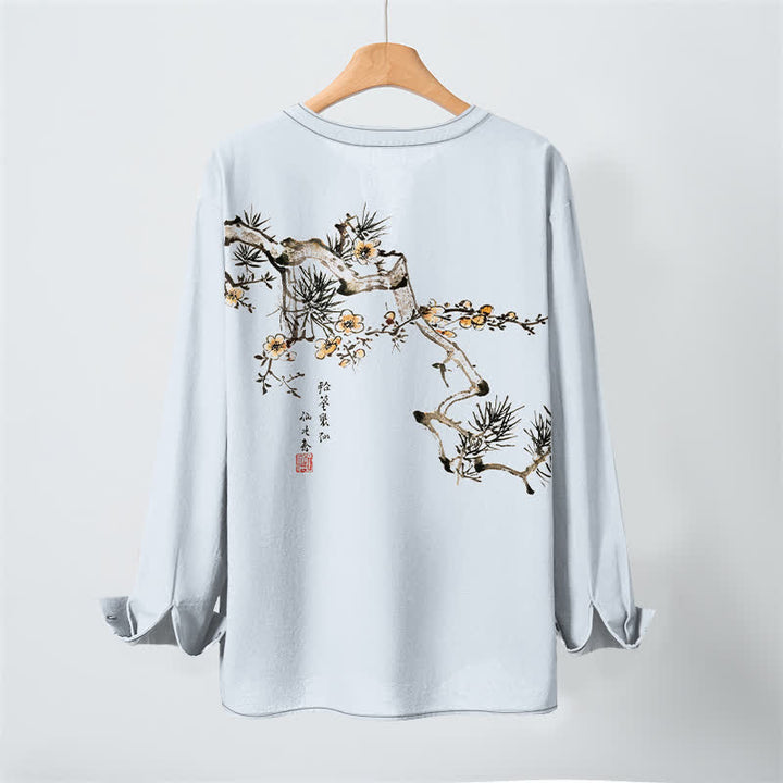 Buddha Stones Camisas de manga larga para hombre con cuello en V, estampado de flores amarillas y tinta de algodón. - image 17