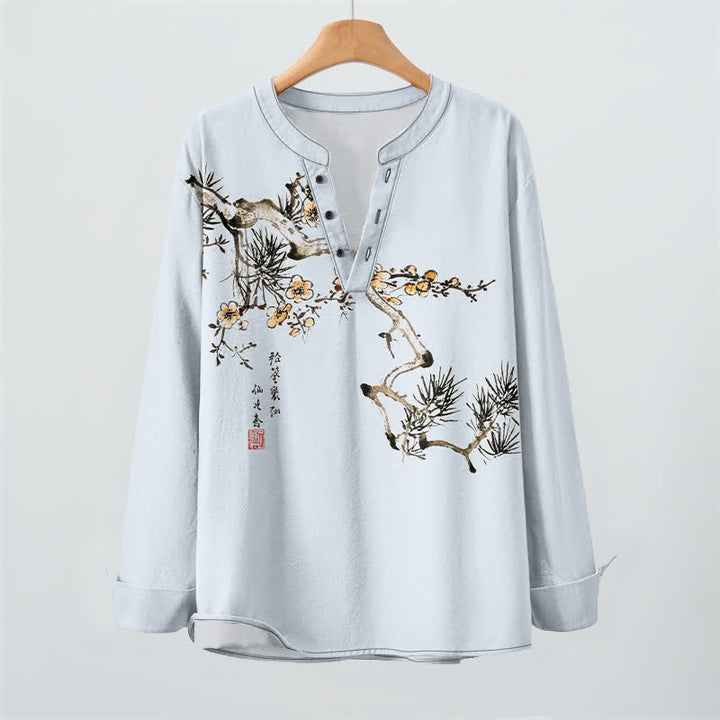 Buddha Stones Camisas de manga larga para hombre con cuello en V, estampado de flores amarillas y tinta de algodón. - image 16