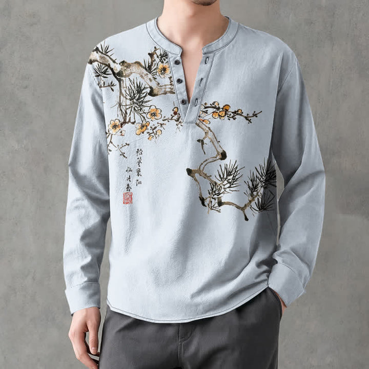 Buddha Stones Camisas de manga larga para hombre con cuello en V, estampado de flores amarillas y tinta de algodón. - image 15