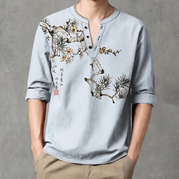 Buddha Stones Camisas de manga larga para hombre con cuello en V, estampado de flores amarillas y tinta de algodón. - Azul claro - US/UK/AU48, UE58 (4XL) - image 14