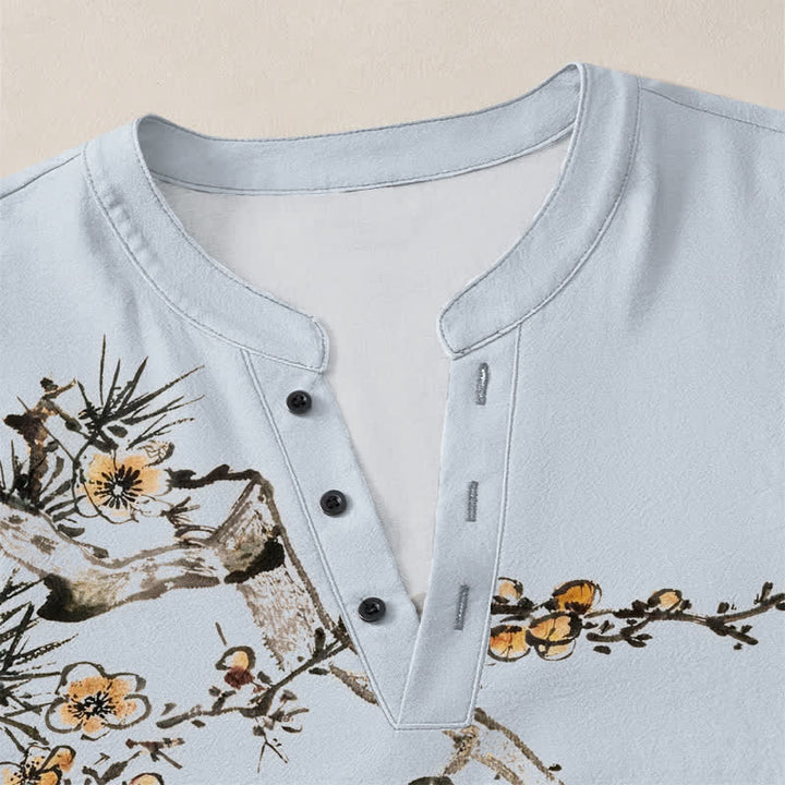 Buddha Stones Camisas de manga larga para hombre con cuello en V, estampado de flores amarillas y tinta de algodón. - image 18