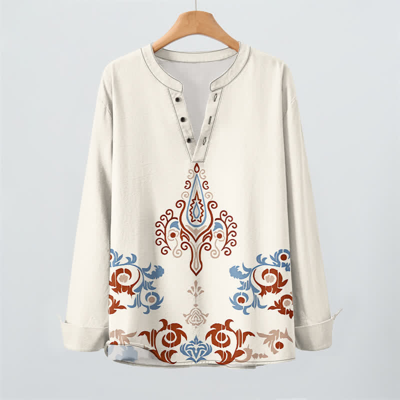 Buddha Stones Camisas de manga larga para hombre de algodón con cuello en V, estampado geométrico multicolor tribal y botones. - image 2