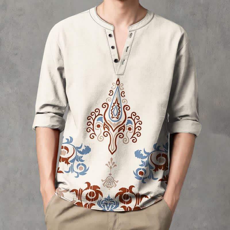 Buddha Stones Camisas de manga larga para hombre de algodón con cuello en V, estampado geométrico multicolor tribal y botones. - image 1