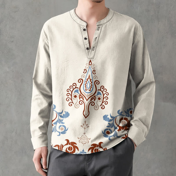 Buddha Stones Camisas de manga larga para hombre de algodón con cuello en V, estampado geométrico multicolor tribal y botones. - Lino - US/UK/AU48, UE58 (4XL) - image 0