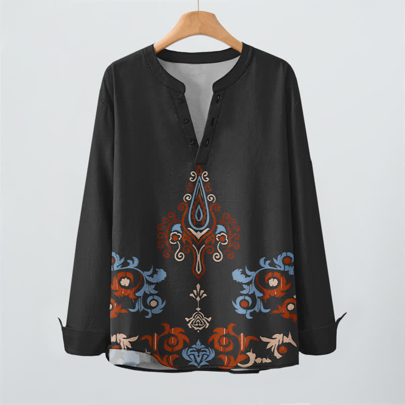Buddha Stones Camisas de manga larga para hombre de algodón con cuello en V, estampado geométrico multicolor tribal y botones. - image 9