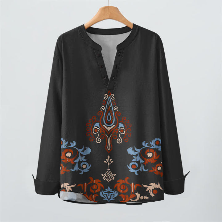 Buddha Stones Camisas de manga larga para hombre de algodón con cuello en V, estampado geométrico multicolor tribal y botones. - image 9