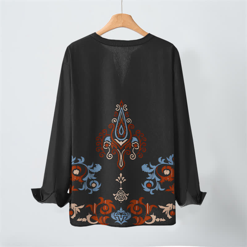 Buddha Stones Camisas de manga larga para hombre de algodón con cuello en V, estampado geométrico multicolor tribal y botones. - image 10