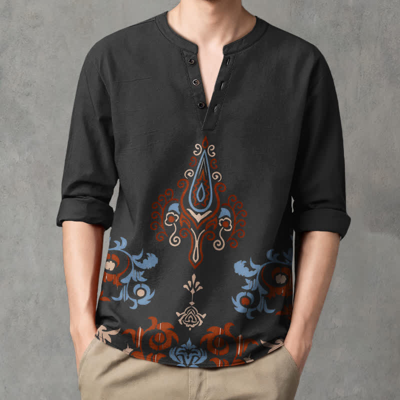 Buddha Stones Camisas de manga larga para hombre de algodón con cuello en V, estampado geométrico multicolor tribal y botones. - image 8