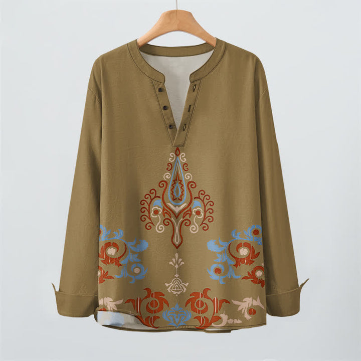 Buddha Stones Camisas de manga larga para hombre de algodón con cuello en V, estampado geométrico multicolor tribal y botones. - image 16