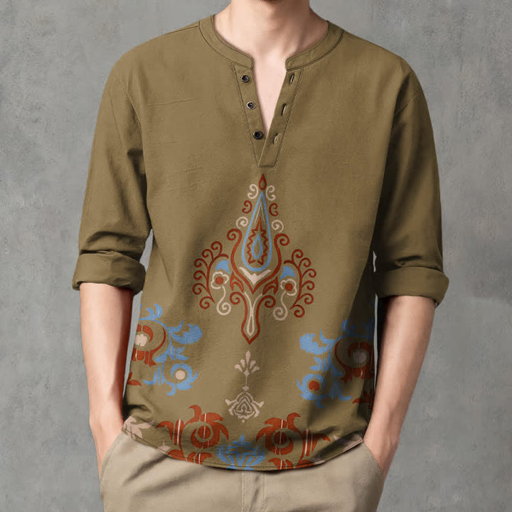 Buddha Stones Camisas de manga larga para hombre de algodón con cuello en V, estampado geométrico multicolor tribal y botones. - image 15