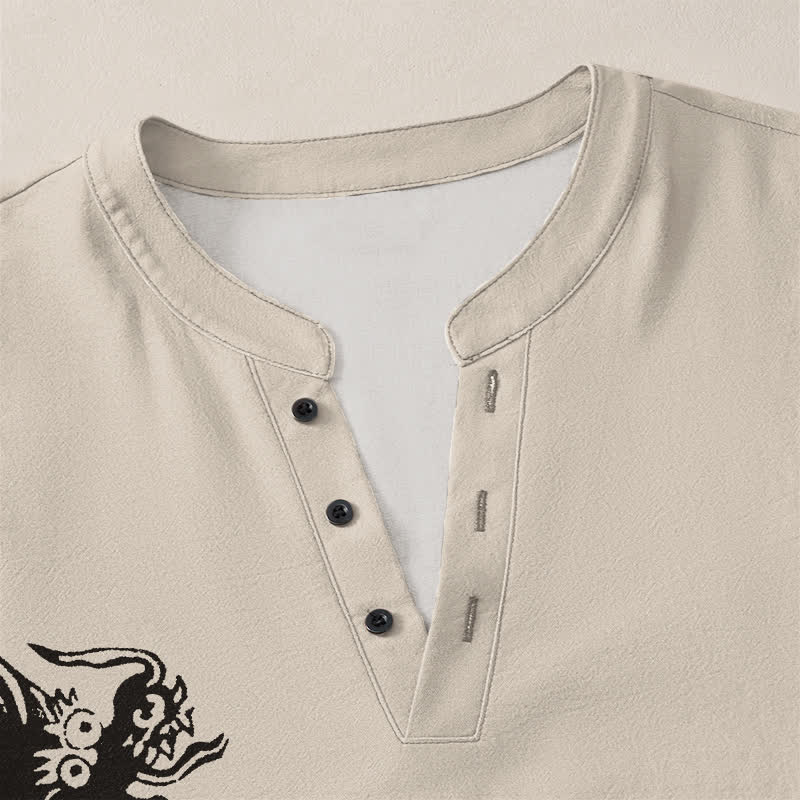 Buddha Stones Camisas de manga larga para hombre con cuello en V y botones, estampado de dragones de algodón. - image 4