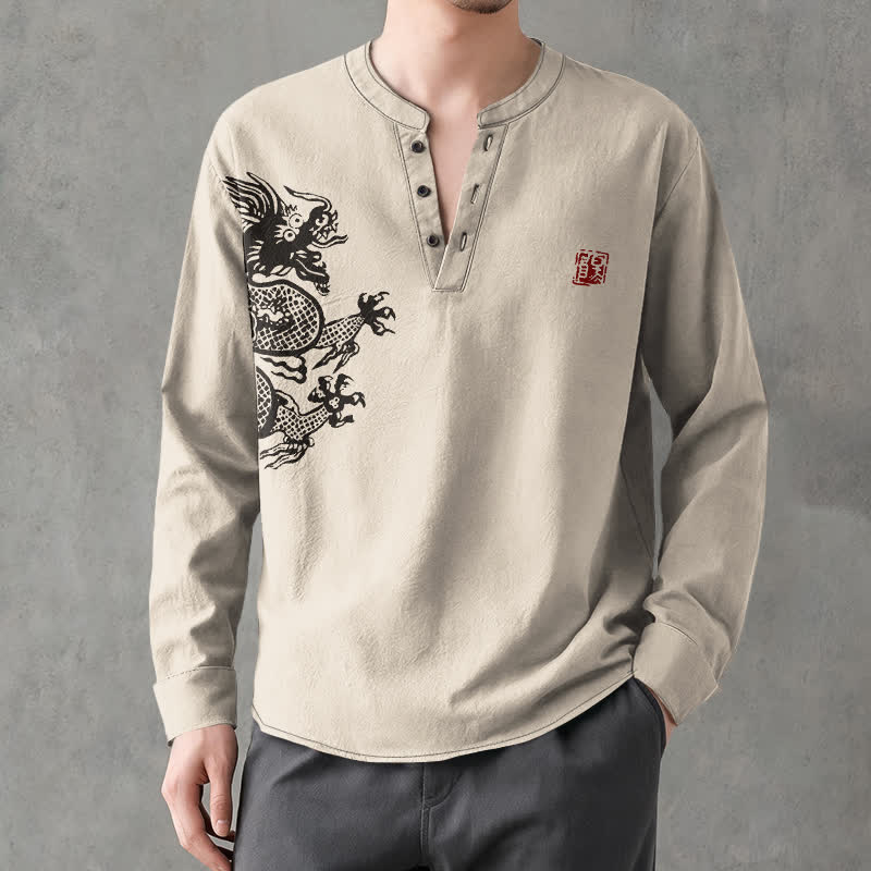 Buddha Stones Camisas de manga larga para hombre con cuello en V y botones, estampado de dragones de algodón. - image 1
