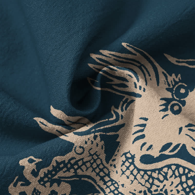 Buddha Stones Camisas de manga larga para hombre con cuello en V y botones, estampado de dragones de algodón. - image 13