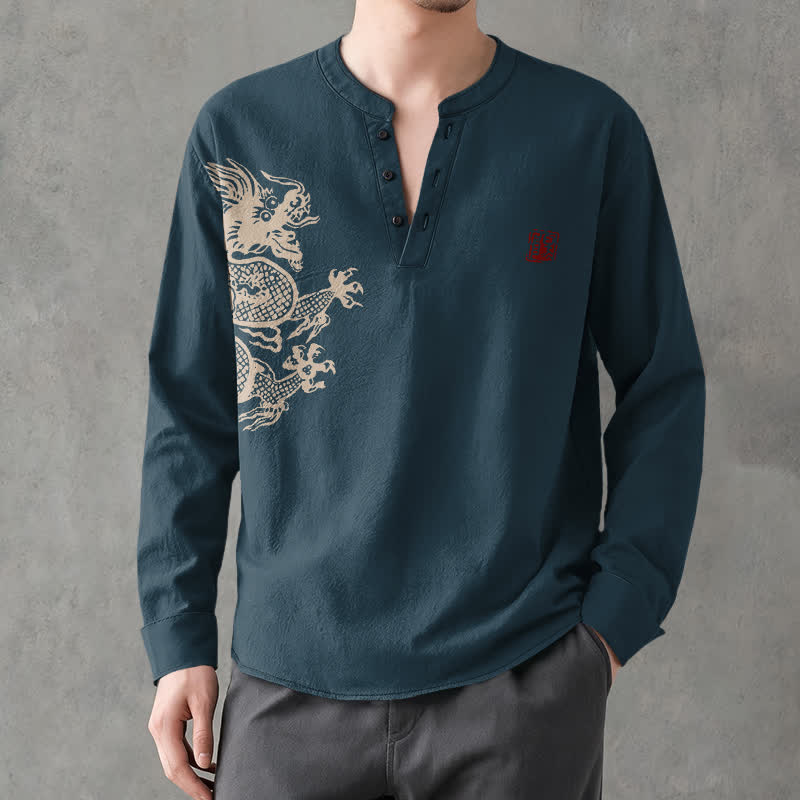 Buddha Stones Camisas de manga larga para hombre con cuello en V y botones, estampado de dragones de algodón. - image 8