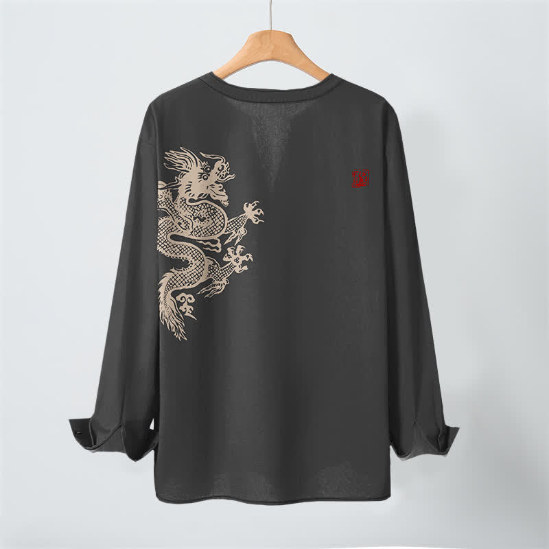 Buddha Stones Camisas de manga larga para hombre con cuello en V y botones, estampado de dragones de algodón. - image 17