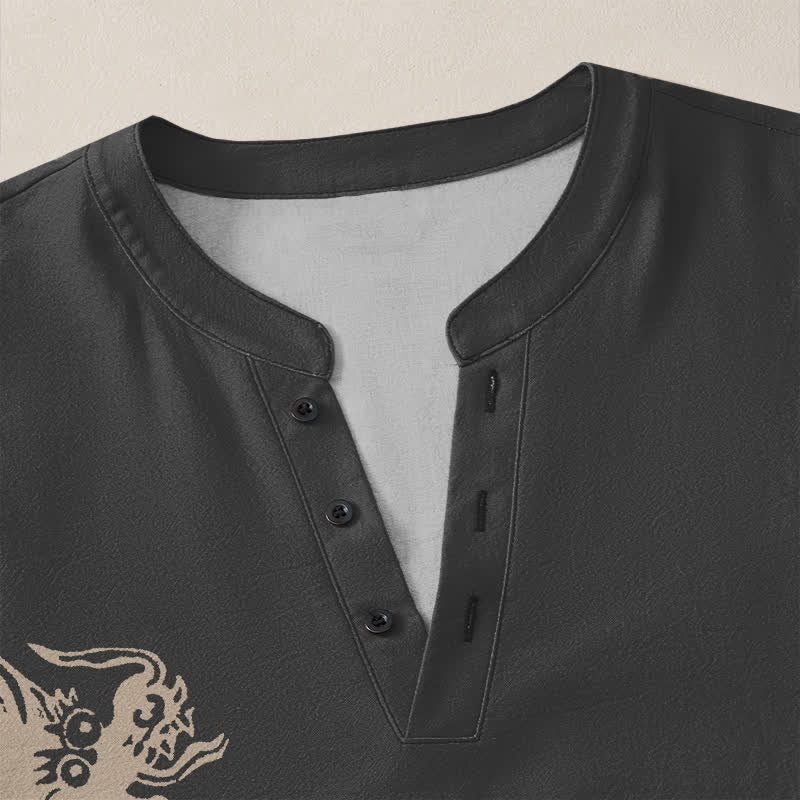 Buddha Stones Camisas de manga larga para hombre con cuello en V y botones, estampado de dragones de algodón. - image 18