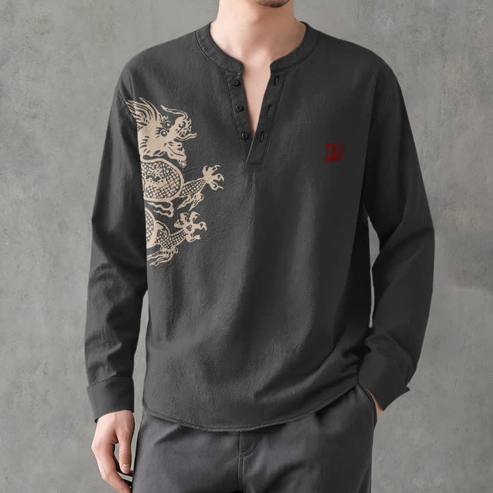 Buddha Stones Camisas de manga larga para hombre con cuello en V y botones, estampado de dragones de algodón. - image 15