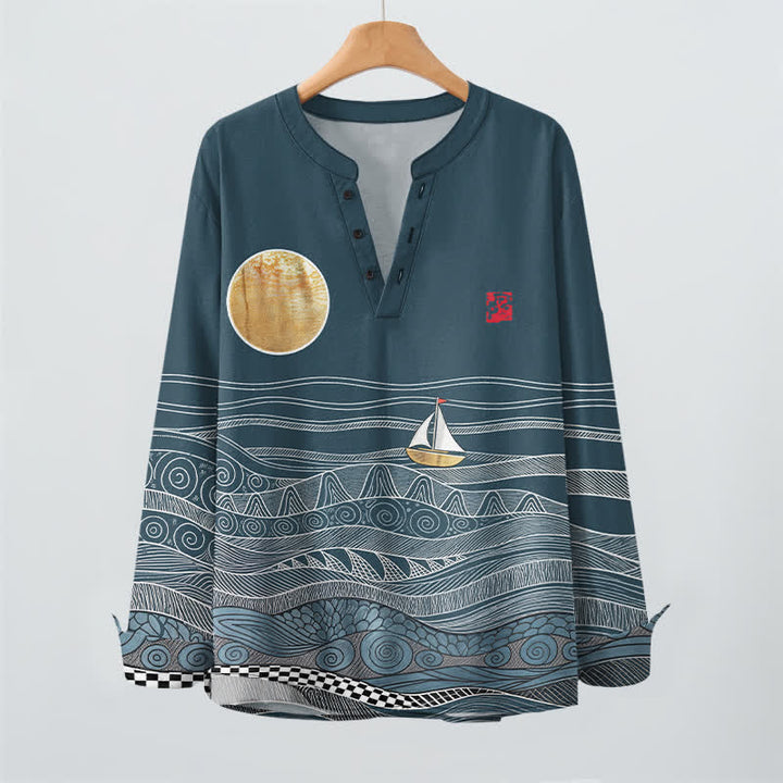 Buddha Stones Camisas de manga larga para hombre de algodón con estampado de olas oceánicas, veleros y luna, cuello en V y botones. - image 2