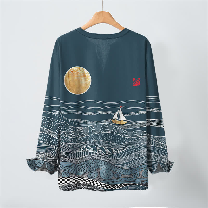 Buddha Stones Camisas de manga larga para hombre de algodón con estampado de olas oceánicas, veleros y luna, cuello en V y botones. - image 3