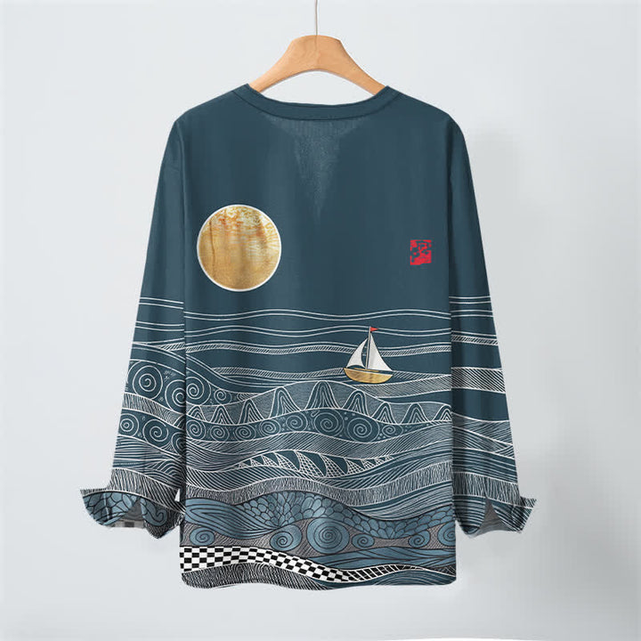 Buddha Stones Camisas de manga larga para hombre de algodón con estampado de olas oceánicas, veleros y luna, cuello en V y botones. - image 3