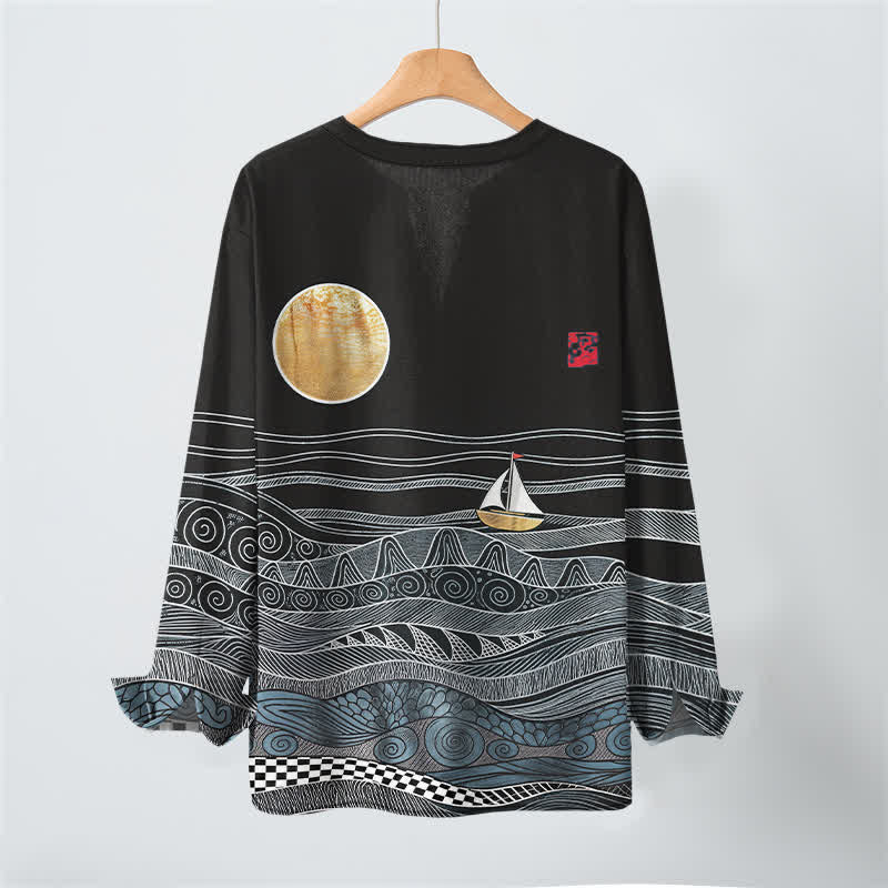 Buddha Stones Camisas de manga larga para hombre de algodón con estampado de olas oceánicas, veleros y luna, cuello en V y botones. - image 10