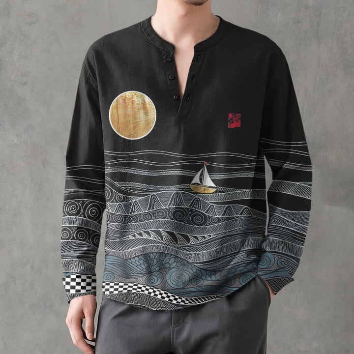Buddha Stones Camisas de manga larga para hombre de algodón con estampado de olas oceánicas, veleros y luna, cuello en V y botones. - Negro - US/UK/AU48, UE58 (4XL) - image 7