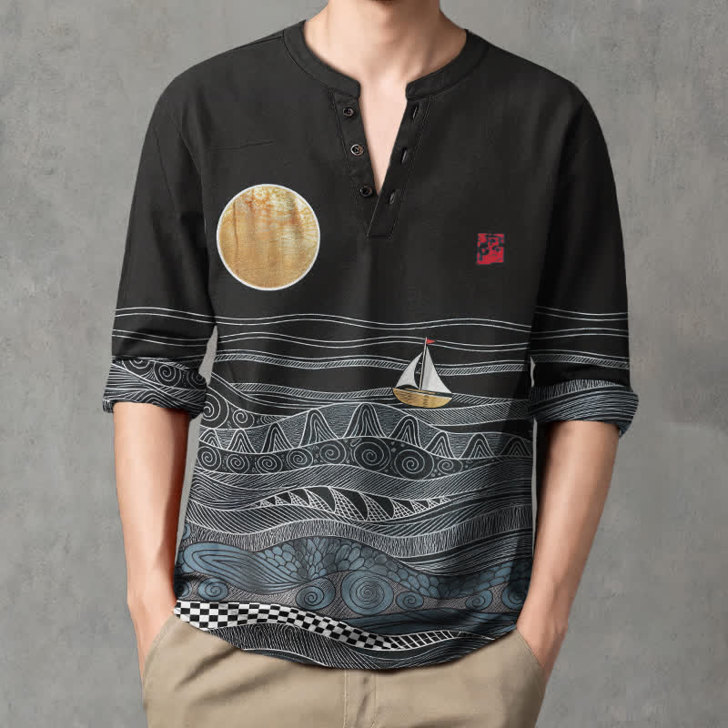 Buddha Stones Camisas de manga larga para hombre de algodón con estampado de olas oceánicas, veleros y luna, cuello en V y botones. - image 8