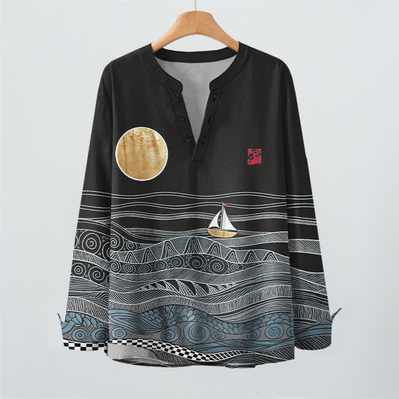 Buddha Stones Camisas de manga larga para hombre de algodón con estampado de olas oceánicas, veleros y luna, cuello en V y botones. - image 9