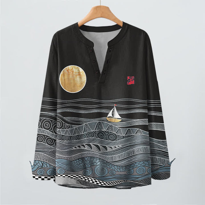 Buddha Stones Camisas de manga larga para hombre de algodón con estampado de olas oceánicas, veleros y luna, cuello en V y botones. - image 9
