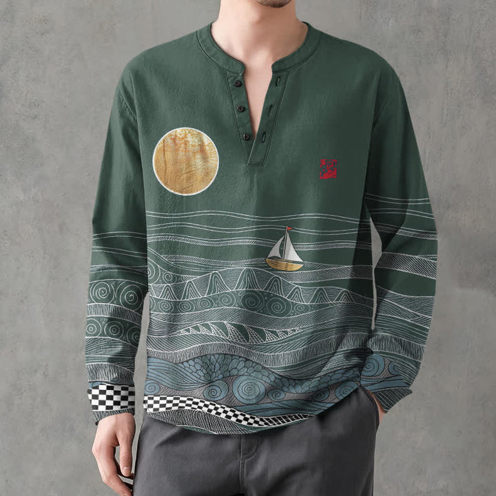 Buddha Stones Camisas de manga larga para hombre de algodón con estampado de olas oceánicas, veleros y luna, cuello en V y botones. - Verdemar - US/UK/AU48, UE58 (4XL) - image 14