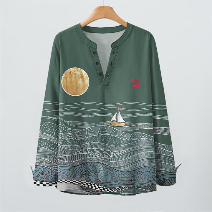 Buddha Stones Camisas de manga larga para hombre de algodón con estampado de olas oceánicas, veleros y luna, cuello en V y botones. - image 16