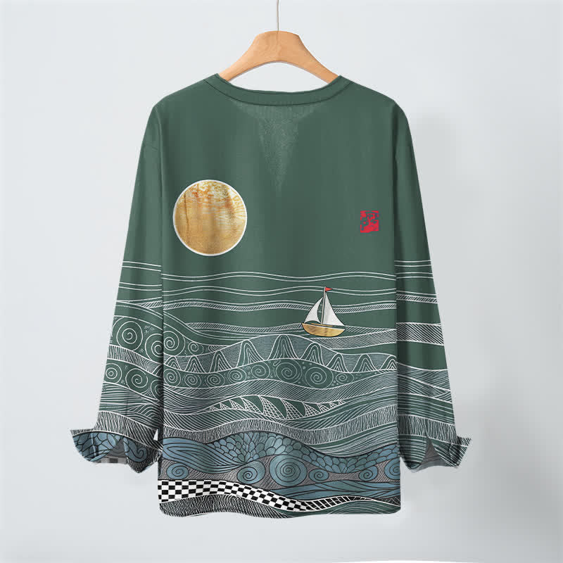 Buddha Stones Camisas de manga larga para hombre de algodón con estampado de olas oceánicas, veleros y luna, cuello en V y botones. - image 17