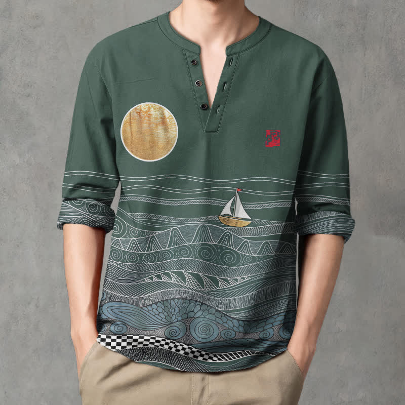 Buddha Stones Camisas de manga larga para hombre de algodón con estampado de olas oceánicas, veleros y luna, cuello en V y botones. - image 15