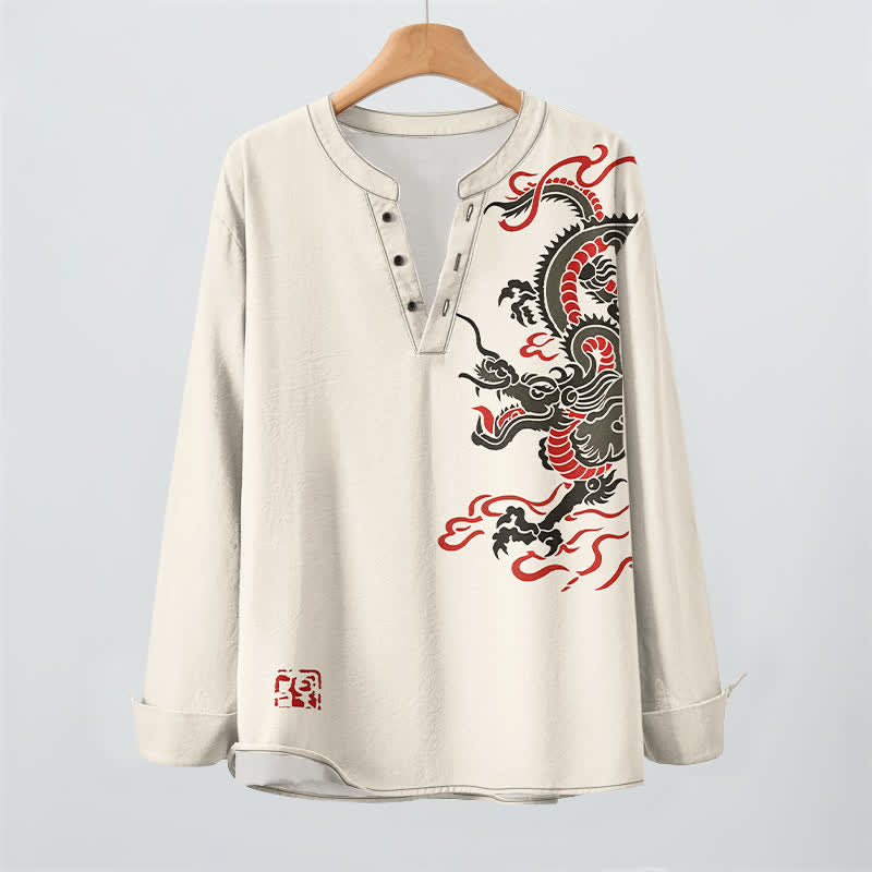 Buddha Stones Camisas de manga larga para hombre de algodón con cuello en V, estampado de dragón oriental y llamas. - image 2