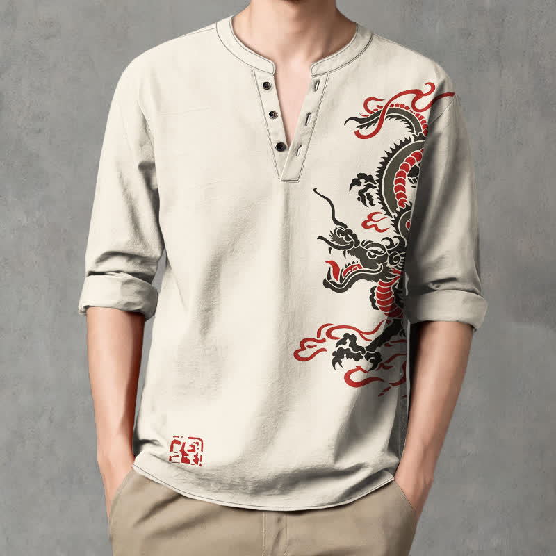 Buddha Stones Camisas de manga larga para hombre de algodón con cuello en V, estampado de dragón oriental y llamas. - Beige - US/UK/AU48, UE58 (4XL) - image 0