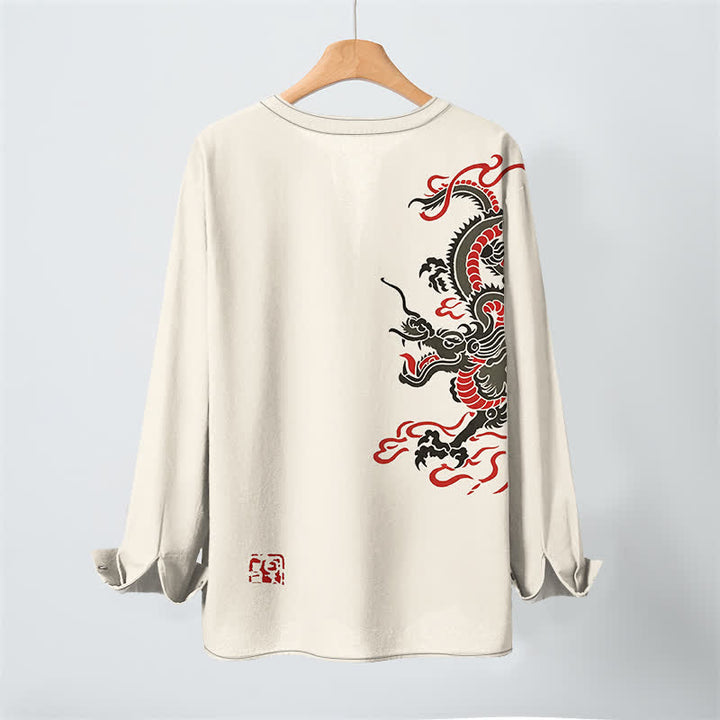 Buddha Stones Camisas de manga larga para hombre de algodón con cuello en V, estampado de dragón oriental y llamas. - image 3