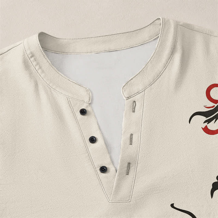 Buddha Stones Camisas de manga larga para hombre de algodón con cuello en V, estampado de dragón oriental y llamas. - image 4