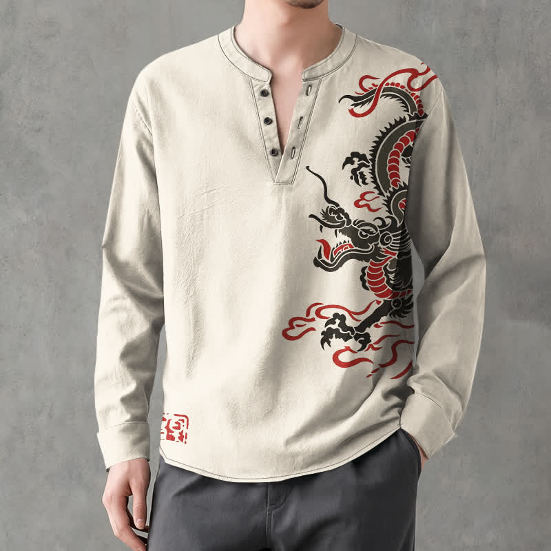 Buddha Stones Camisas de manga larga para hombre de algodón con cuello en V, estampado de dragón oriental y llamas. - image 1