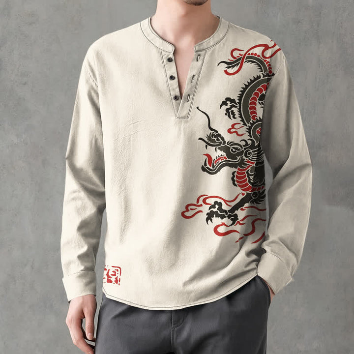 Buddha Stones Camisas de manga larga para hombre de algodón con cuello en V, estampado de dragón oriental y llamas. - image 1