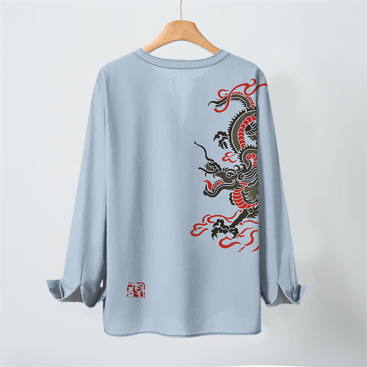 Buddha Stones Camisas de manga larga para hombre de algodón con cuello en V, estampado de dragón oriental y llamas. - image 10