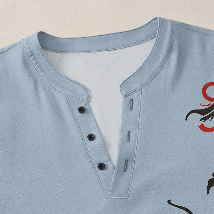 Buddha Stones Camisas de manga larga para hombre de algodón con cuello en V, estampado de dragón oriental y llamas. - image 11