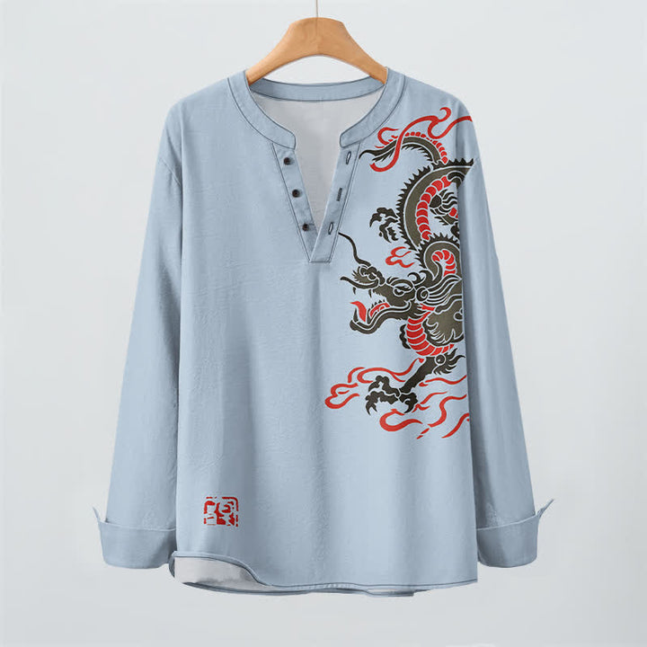 Buddha Stones Camisas de manga larga para hombre de algodón con cuello en V, estampado de dragón oriental y llamas. - image 9