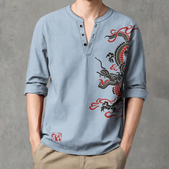 Buddha Stones Camisas de manga larga para hombre de algodón con cuello en V, estampado de dragón oriental y llamas. - Azul claro - US/UK/AU48, UE58 (4XL) - image 7