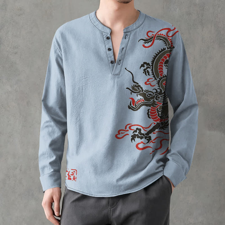 Buddha Stones Camisas de manga larga para hombre de algodón con cuello en V, estampado de dragón oriental y llamas. - image 8