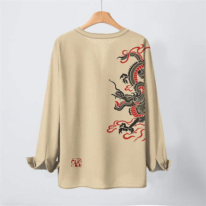 Buddha Stones Camisas de manga larga para hombre de algodón con cuello en V, estampado de dragón oriental y llamas. - image 17