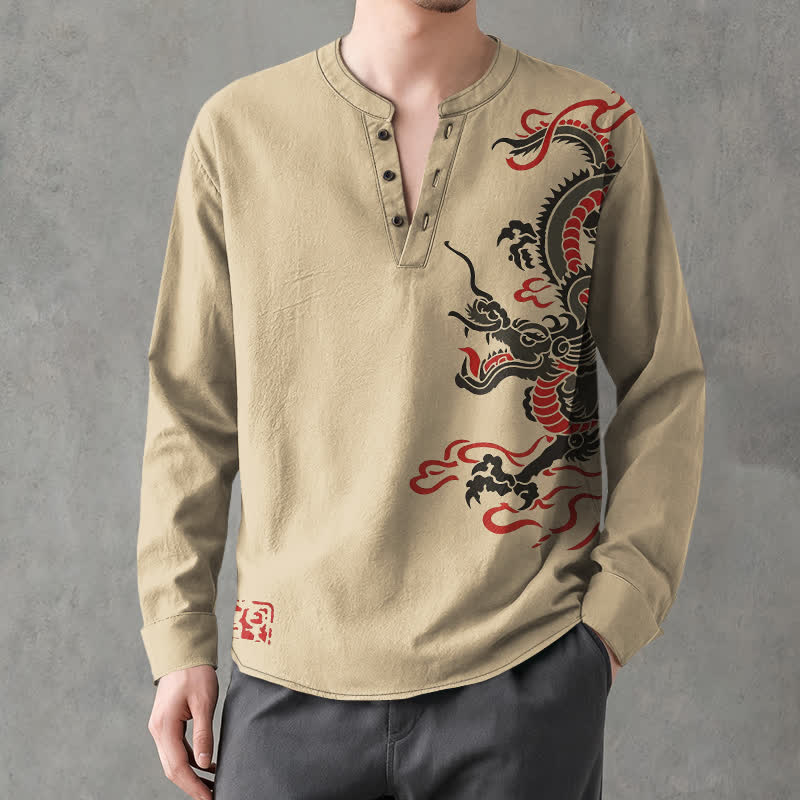 Buddha Stones Camisas de manga larga para hombre de algodón con cuello en V, estampado de dragón oriental y llamas. - image 15