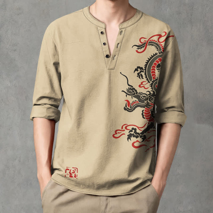 Buddha Stones Camisas de manga larga para hombre de algodón con cuello en V, estampado de dragón oriental y llamas. - Broncearse - US/UK/AU48, UE58 (4XL) - image 14